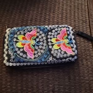 Butterfly Flower Embroidered Coin Purse Unisex Multicolor